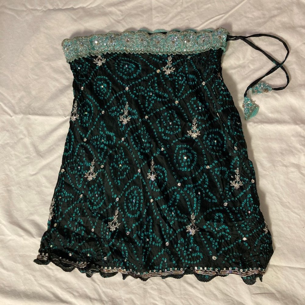 Sage | Black & Turquoise 100% Silk Skirt